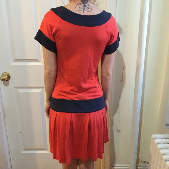 DVF "Coso" Orange Navy Silk Pleated Dress - Picture 3 of 4
